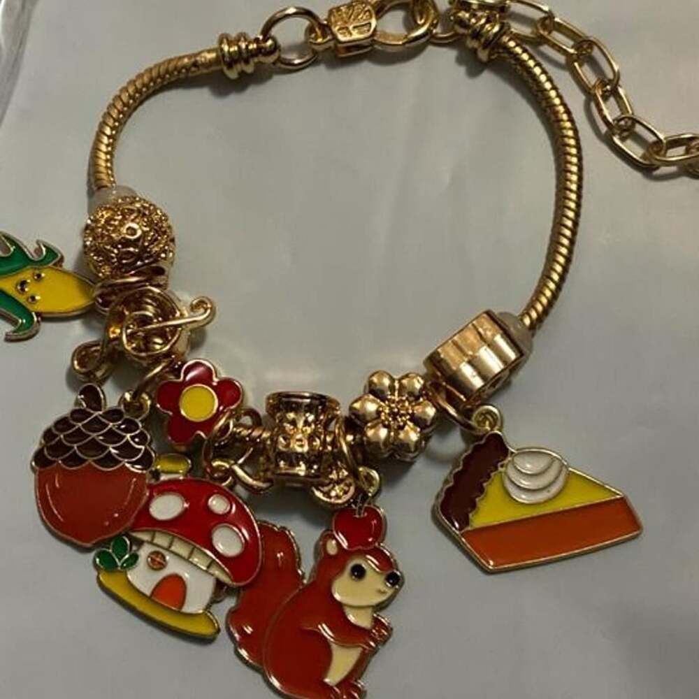 Fall Harvest Charm Bracelet Gold Tone Squirrel Mushroom Pie